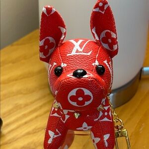Louis Vuitton Red and White Monogram Dog Charm Keychain